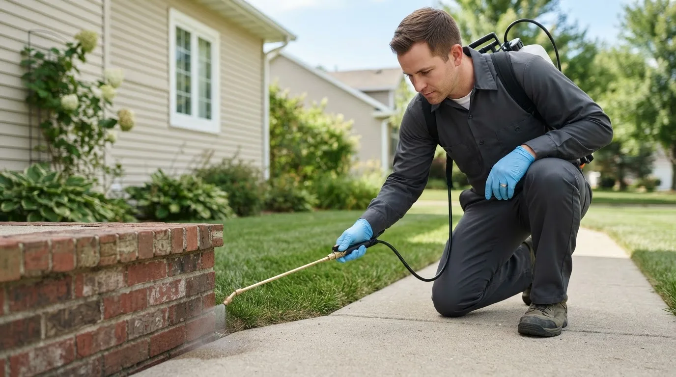 Pest control technician treating a home near Deering, AK