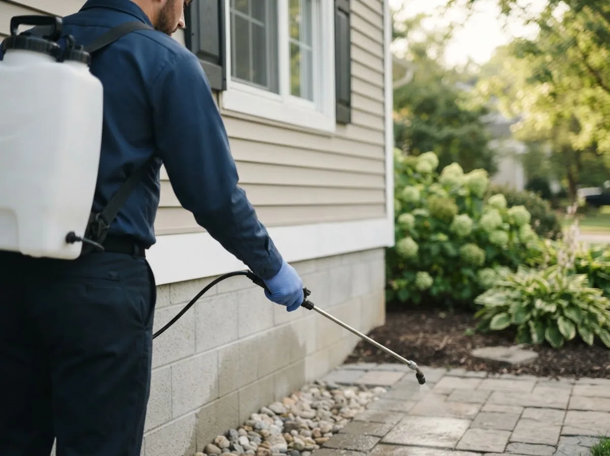 Pest control technician inspecting a home in Deering, AK